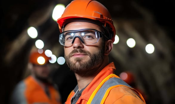 A miner in an underground mine wearing safety gear. photo