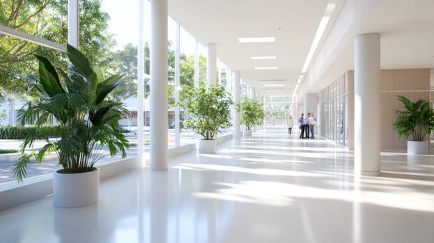 Modern and bright hallway with large windows, white walls, and potted plants. photo