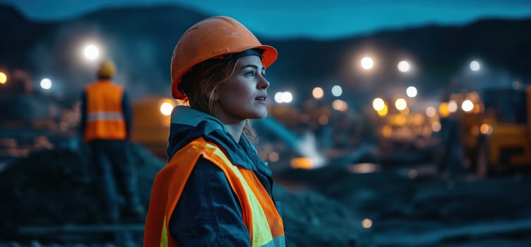 Female construction worker in hard hat looking away from the camera, standing in front of construction vehicles at night with lights on. photo