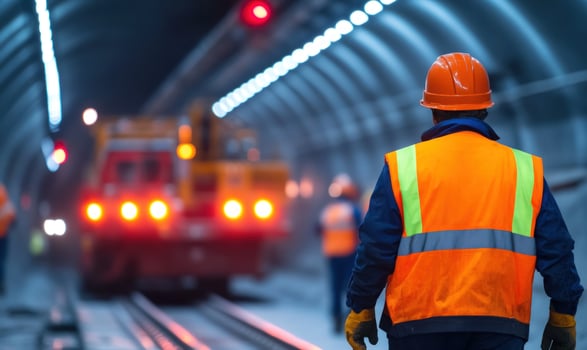 Construction worker walking in a tunnel with a train in the background. photo