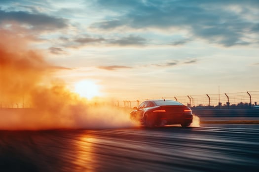 A black sports car drifts on a race track during a sunset, creating a cloud of smoke. photo