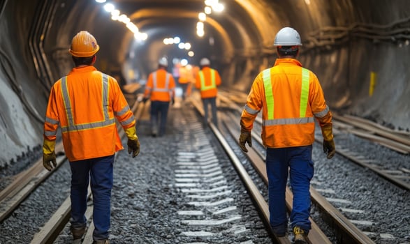 Construction workers walking on train tracks in a tunnel. photo