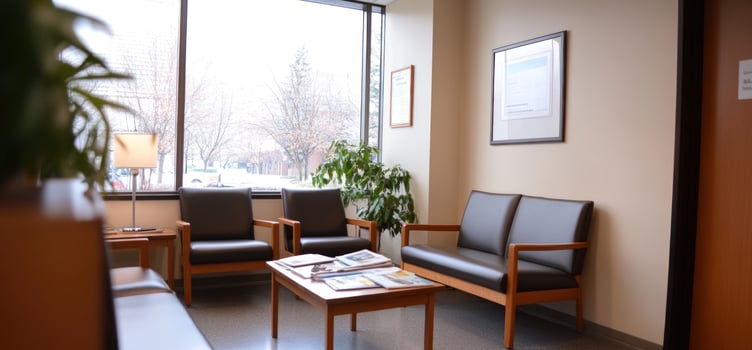 Waiting room with couches and coffee table in front of a window. photo