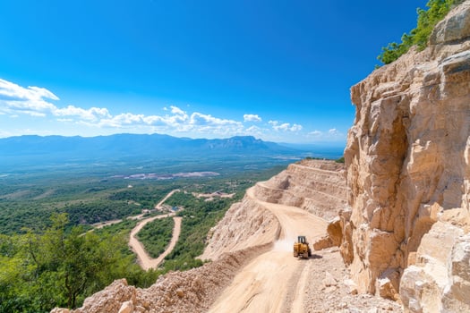 A yellow bulldozer drives up a steep, winding dirt road in a quarry with a mountain range in the background. photo