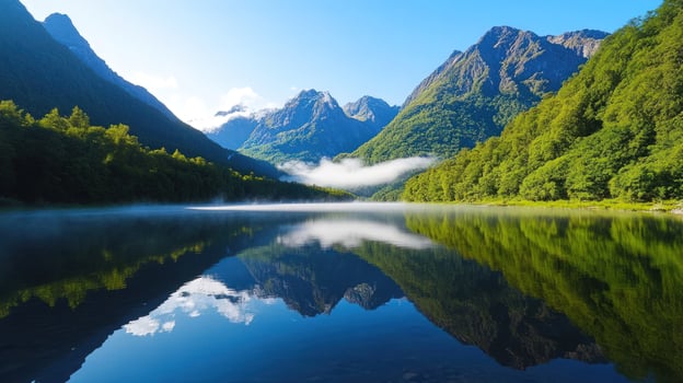 Serene mountain lake with mist rising from the water and reflecting the sky. photo