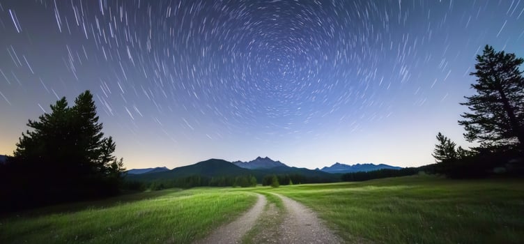 A dirt road leads through a grassy field with mountains in the distance and a starry sky with star trails above. photo