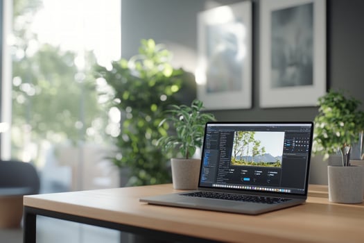Laptop on desk with plants in a modern office. photo