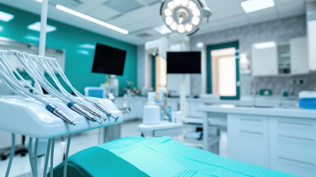 Modern dental office with tools on a table in the foreground. photo