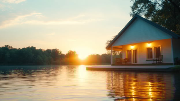 A white cottage with lights on sits on a wooden dock over a lake at sunset. photo