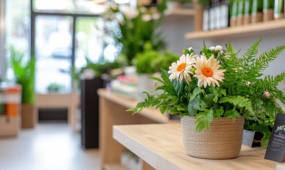 Closeup of white daisy bouquet in a wicker pot on a wooden counter in a modern flower shop. photo