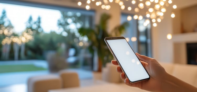 Person holding smartphone in a modern living room. photo