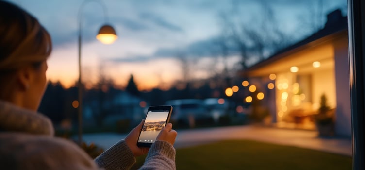 Woman taking a photo of a house with a smartphone in the evening.