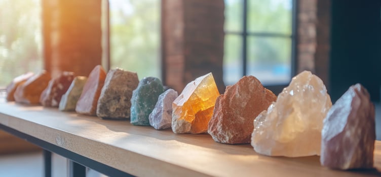 A row of colorful crystals on a wooden surface. photo