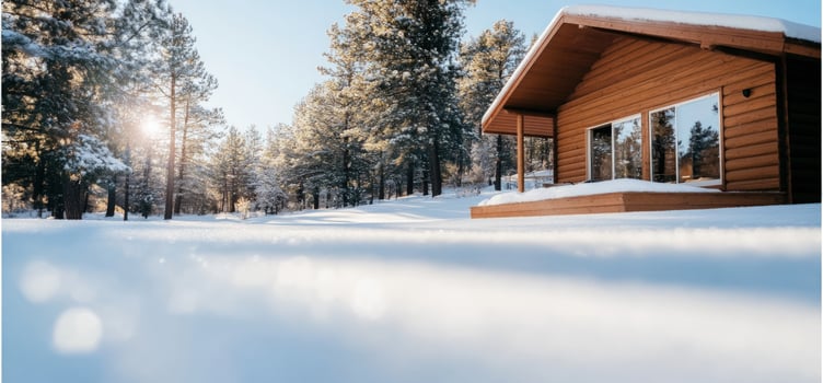 A wooden cabin sits on a snowy landscape with trees in the background. photo