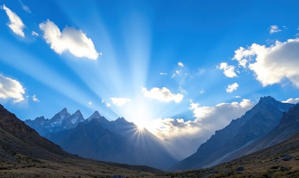 Majestic mountain range with sun rays piercing through the clouds, creating a breathtaking scene. photo