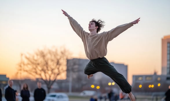 A young man jumps in the air with his arms outstretched in front of a city skyline at sunset. photo