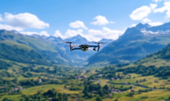 Drone flying over a valley with mountains in the background. photo