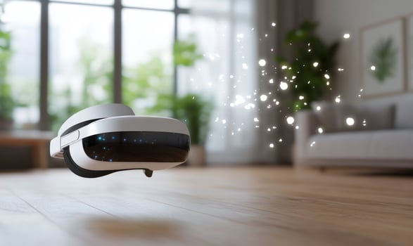 Virtual reality headset hovering in a living room with blurred background. photo