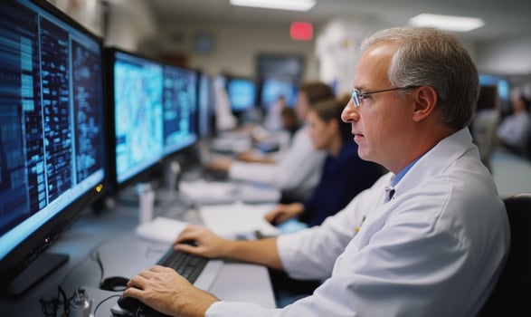 A doctor in a white coat sits at a desk in front of a computer, examining medical images. photo