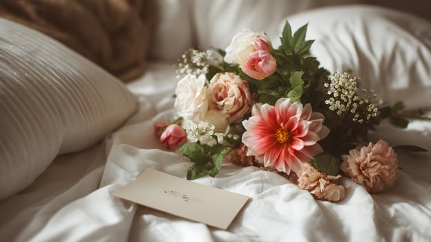 Floral elegance bouquet on white bed linen featuring dahlia roses baby's breath and greeting card perfect for romantic occasion celebration or expressing tender sentiments in a photo
