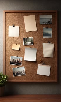 Corkboard displaying pinned notes and cityscape photographs for office organization idea board with a warm color scheme and realistic textured surface perfect for creative photo