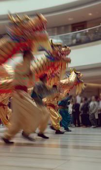 Dynamic dragon dance celebration performance in a modern building with vibrant traditional chinese culture featuring movement and color embodying festive occasion blurred motion photo