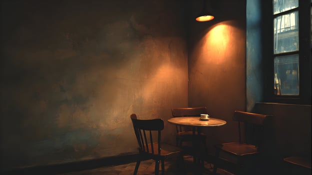 Capture the Intimate Charm of a Quiet Cafe Corner with Warm Lighting and Wooden Furnishings Perfect for Coffee Break or Contemplative Moments in a Cozy Atmospheric Setting photo