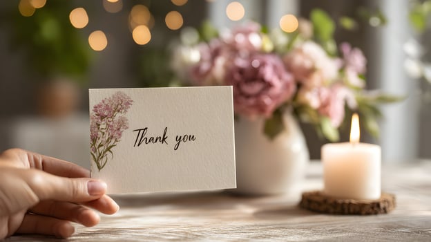 Elegant thank you card featuring delicate pink floral design and warm candle glow on wooden table conveying appreciation sentiment with bokeh lights creating a serene and photo