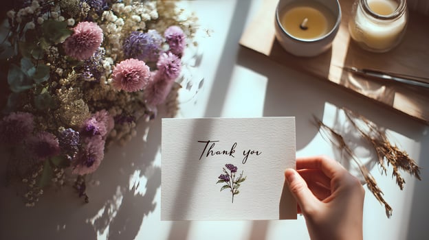 Aesthetic thank you card held in hand with delicate floral design surrounded by soft flowers candle light and rustic accents conveying gratitude and appreciation in a warm photo