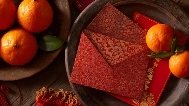 Festive tangerine oranges and traditional red envelopes symbolize lunar new year auspiciousness and prosperity for cultural celebrations on textured wooden background offering photo