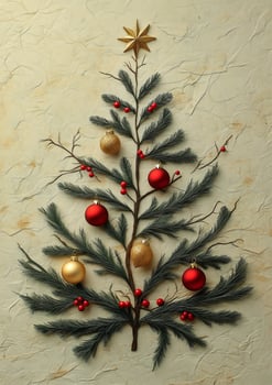 Creative Christmas Tree Decoration Made From Branches and Ornaments on Textured Wall photo