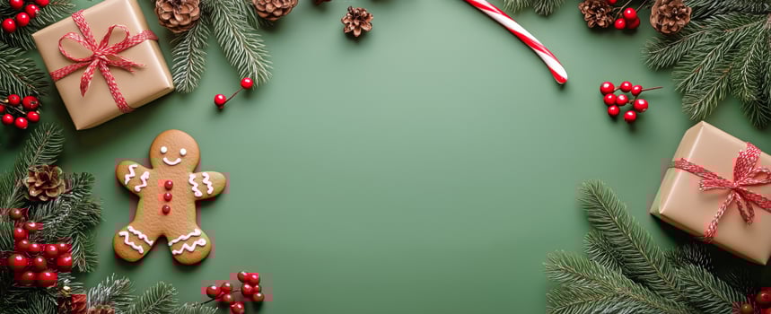 Holiday Decorations With Gingerbread Cookie, Gifts, and Festive Foliage on a Green Background photo