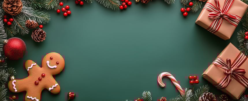 Festive Holiday Decorations Featuring Gingerbread Man and Wrapped Gifts on a Green Background. photo
