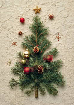 Christmas Tree Decorated With Ornaments and a Star on a Textured Background for Festive Celebrations. photo