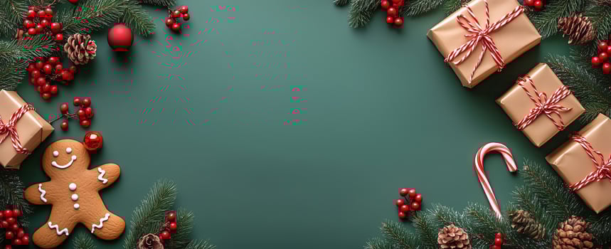 Holiday Decorations With Gingerbread Cookie, Gifts, and Festive Foliage on a Green Background. photo