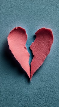 Heart Shaped Paper Cutout With a Tear on a Blue Background. photo