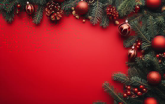 Festive Holiday Decorations With Red Ornaments and Pine Branches on Vibrant Red Background photo