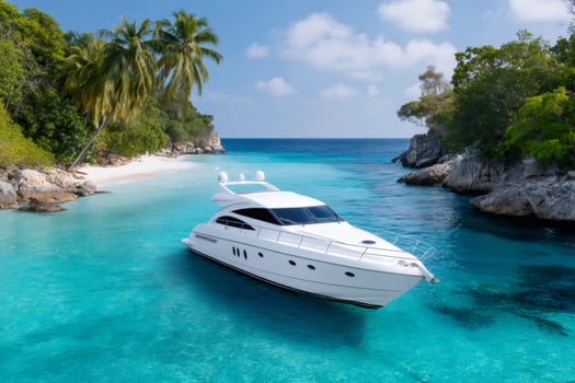 Luxury yacht anchoring in idyllic turquoise bay with palm trees and white sand beach photo