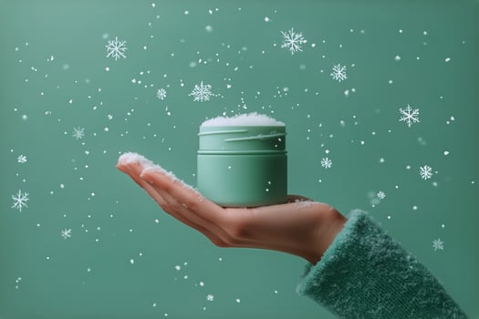 Winter Skincare Routine Includes Moisturizing Cream With Snowflakes on a Mint Green Background photo