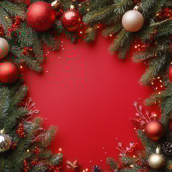 Festive Holiday Decorations With Red Ornaments and Pine Branches on Vibrant Red Background. photo