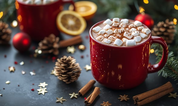 Warm Cocoa With Marshmallows in Red Mugs Surrounded by Holiday Decor and Pine Cones photo