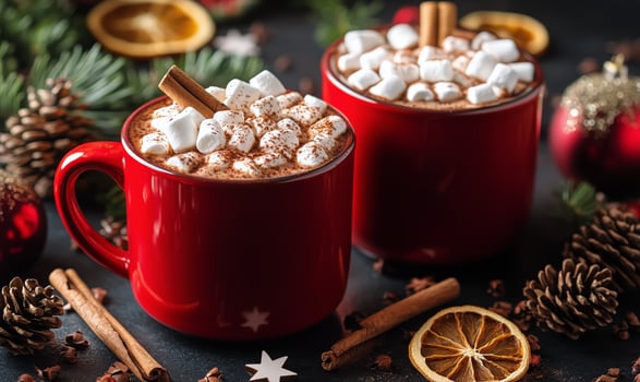 Warm Cocoa With Marshmallows in Red Mugs Surrounded by Holiday Decor and Pine Cones. photo