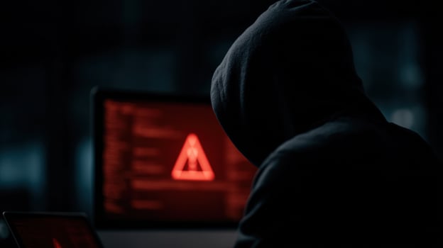 Hacker in dark room with hooded sweatshirt, red warning symbol on computer screen, cybercrime photo