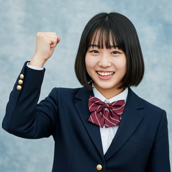 Cheerful Japanese Schoolgirl in Uniform with Fist Pump on Textured Background photo