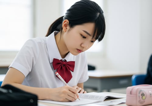 Focused Asian Student in Uniform Completes Schoolwork at Her Desk photo