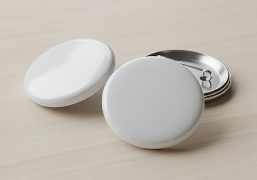 Blank White Round Badges on Light Wood Surface photo