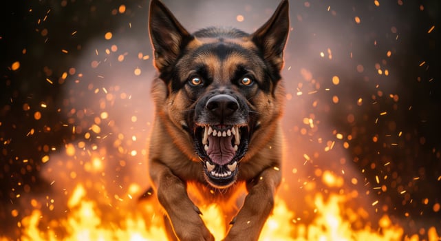 Ferocious German Shepherd Charging Through a Blazing Inferno of Sparks and Flames. photo