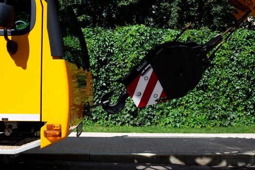 Moscow, Russia, August 6, 2025. Liebherr crane hook. Yellow truck crane with lifting capacity of more than 100 tons. German brand of truck cranes for cargo transportation and construction photo
