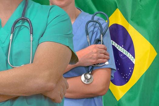 Medical team standing arms crossed on Brazil flag background. Health care, surgery and medical concept in Brazil photo