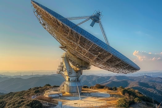 Scenic large radio telescope observatory in mountain range with clear blue sky background photo